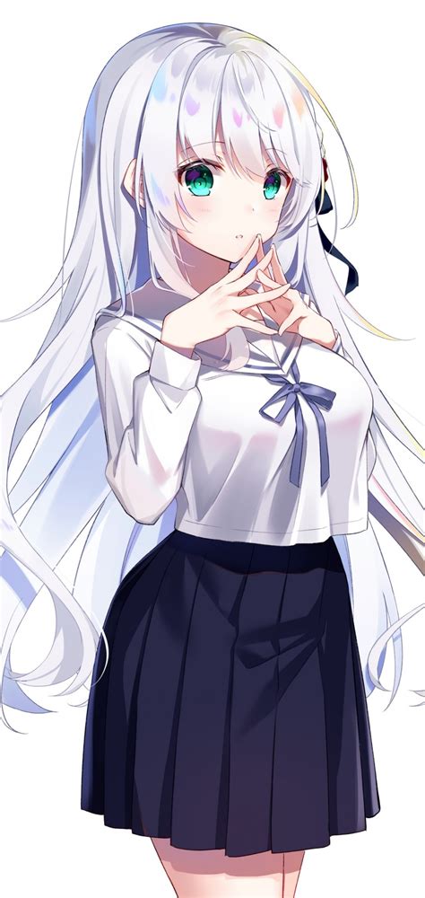 Download 1080x2280 Anime School Girl White Hair School Uniform Green