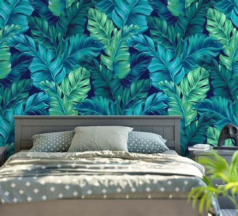 Turquoise And Green Tropical Leaves Wallpaper Dark Blue Etsy Leaf