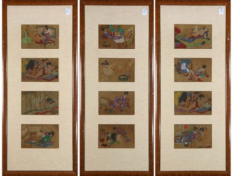 Lot Of Japanese Erotic Shunga Paintings Ink And Color On Silk