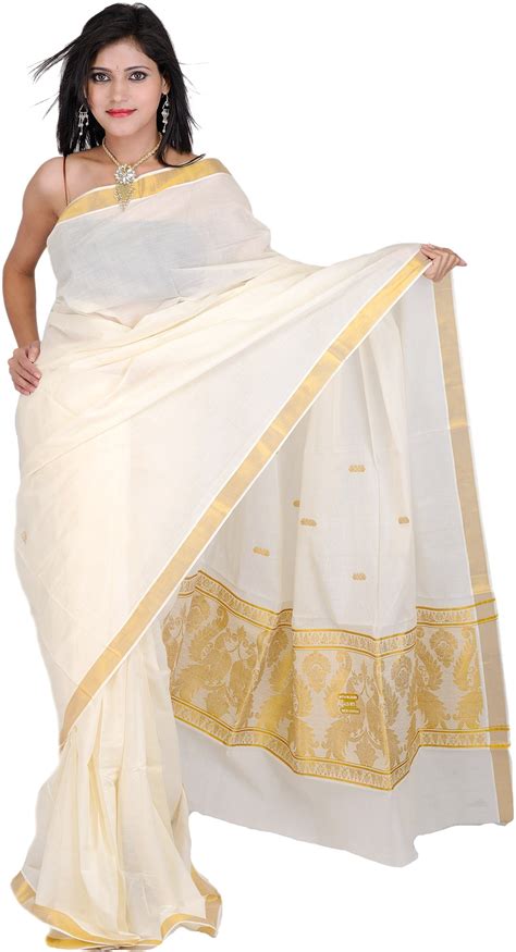 Pristine Kasavu Sari From Kerala With Peacocks Woven In Golden Thread