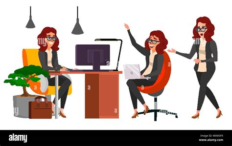 Business Woman Character Vector Working Female Girl Team Room Desk