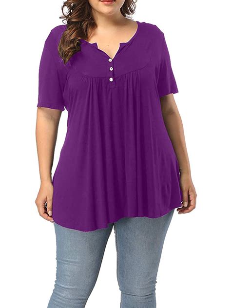 Womens Plus Size V Neck Short Sleeve Henley Shirts Buttons Up Pleated