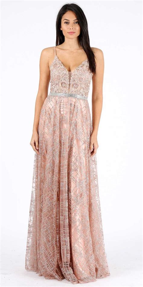 Eureka Fashion 9335 Rose Gold Glitter Long Prom Dress With Lace