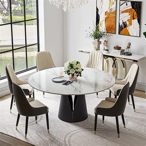 Buy Modern Round Dining Table White Sintered Stone Tabletop Dining
