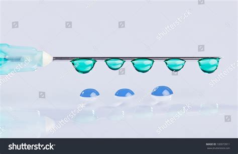 Syringe Needle With Green Fluid Drops On Droplets Water Background