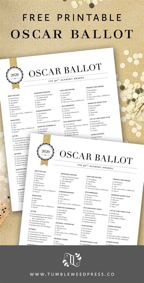 Oscar Ballot Free Printable 2020 Academy Awards Tumbleweed Press