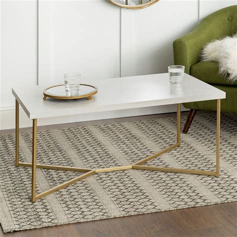 Rectangle Coffee Table With White Faux Marble Top And Gold Base