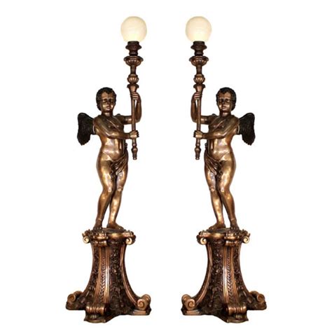 Bronze Massive Cupid Torchere Sculpture Pair Metropolitan Galleries Inc