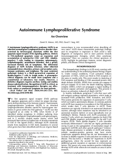 Pdf Autoimmune Lymphoproliferative Syndrome An Overview David Yang