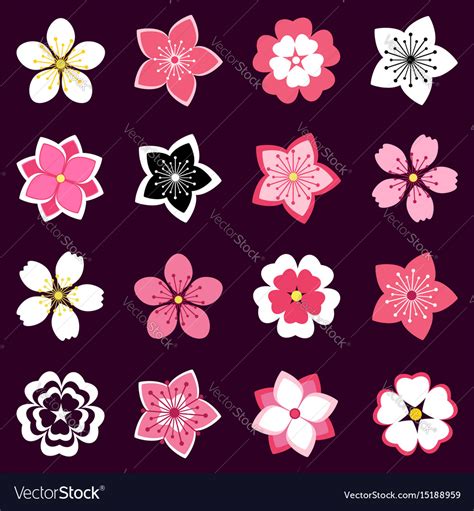 Set Of Cherry Blossom Flowers Icons Royalty Free Vector