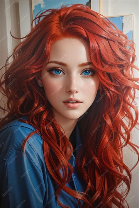 premium ai image a woman with red hair and blue eyes with a blue eyes and a blue shirt with a
