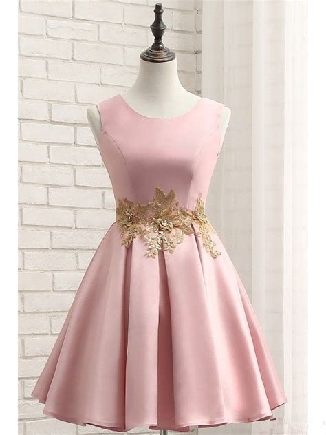 Pink Short Satin Homecoming Dress With Gold Applique White Short