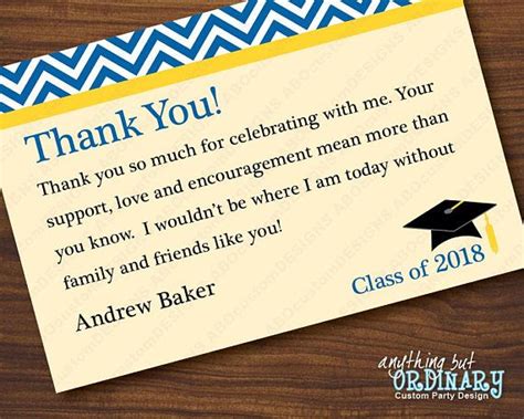 For significant life events, like graduation, it is acceptable to send cards up to three months after your commencement. Blue and Yellow Graduation Thank You Note / Chevron Top ...
