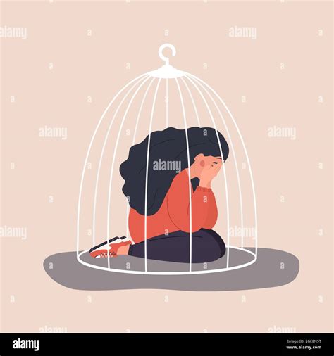 Femme Enfermée Dans La Cage Triste Adolescent Assis Sur Le Sol Et Pleurant Concept D Isolement
