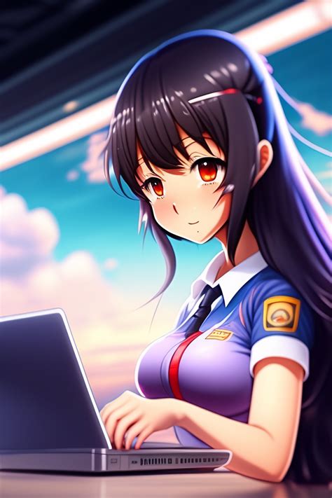 Lexica Cute Sexy Anime Girl Working On Laptop Skyline Background