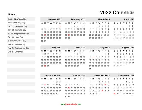 Printable Yearly 2022 Calendar With Holidays Word Pdf Riset Images