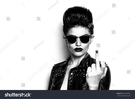 Rocker Girl Wearing Sunglasses Black White Stock Photo 249309994