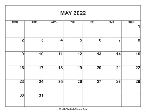 May 2022 Calendar Whatisthedatetodaycom