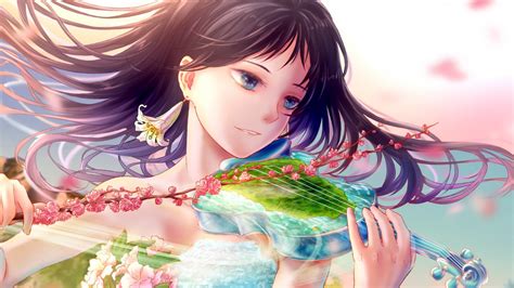 Download 1920x1080 Wallpaper Beautiful Violin Play Anime Girl Original Full Hd Hdtv Fhd