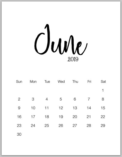 June 2019 Minimalist Calendar Calendar 2019 Printable Calendar