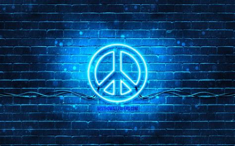 Download Wallpapers Peace Blue Sign 4k Blue Brickwall Peace Symbol