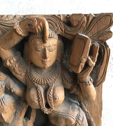 India Antique Carved Wood Panel Hindu Goddess Lakshmi Laxmi