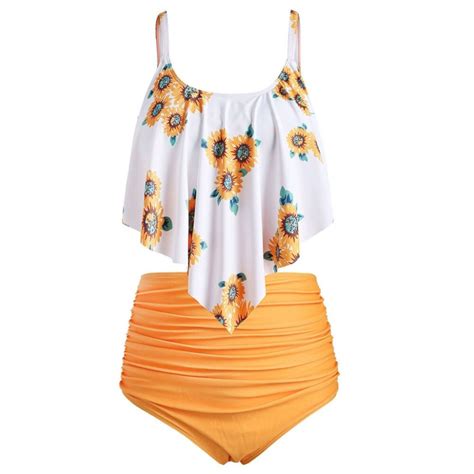 Sunflower Print Ruffled With High Waisted Bottom Women Bikini Set