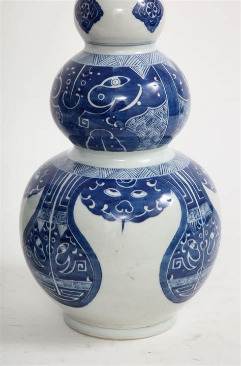 Pair Chinese Blue And White Porcelain Triple Gourd Taotie Vases Qing