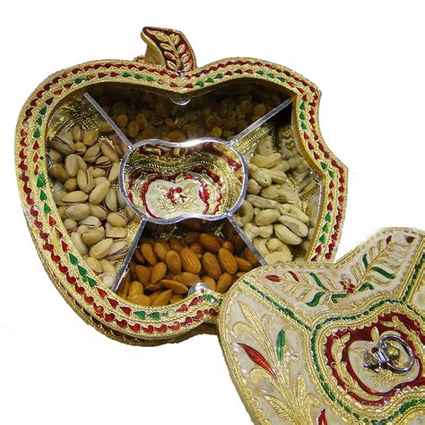 Dry fruit gift box near me. Apple Shaped Gift Box With Wooden Base & Meena Work | Boontoon