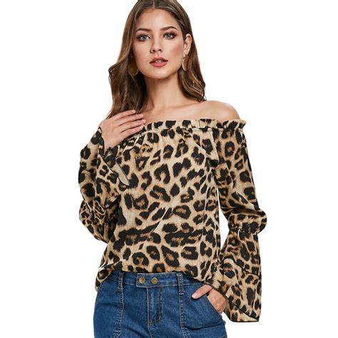 Aliexpress Com Buy Joineles Off Shoulder Leopard Print Blouse Long Sleeve Flare Sleeve Slash