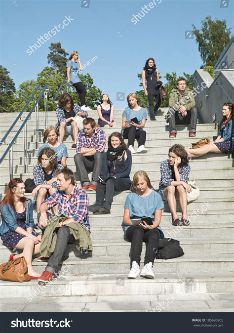 Large Group People Sitting Stairs Stock Photo Edit Now 105696905