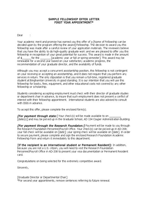 Sample Fellowship Offer Letter Pdf Graduate School Government