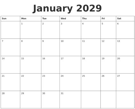 January 2029 Blank Calendar Template