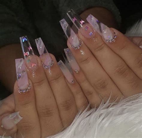 Clear W White Marble And Rhinestones And Butterflies Acrylic Nails