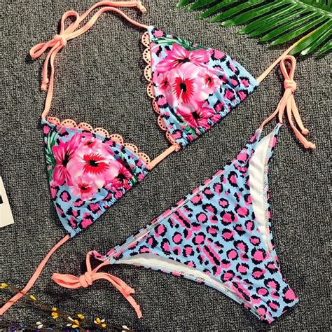 Print Leopard Floral Pink Bikinis 2019 Sexy Women Brazilian Bikini Set Push Up Swimsuit Thong