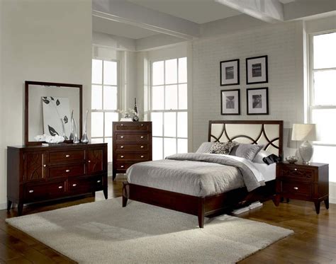 Simpson Brown Cherry Wood Upholstered Fabric Queen Bed Small Bedroom