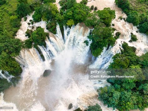 Aerial Drone Sunset Scene Of Ban Gioc Detian Waterfall At The Border Of