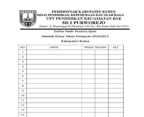 Contoh Daftar Hadir Ujian Madrasah | Tips Belajar Cara Pintar