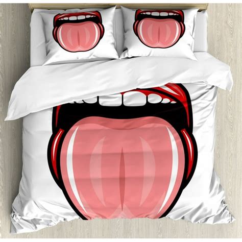 lips duvet cover set king size red lipstick open mouth tongue out funky 90s style retro sensual