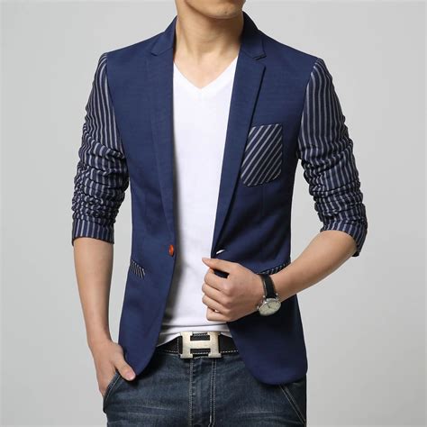 2018 Men Casual Slim Fit Stripe Brand Blazer Suit Jacket Blue Coat Male