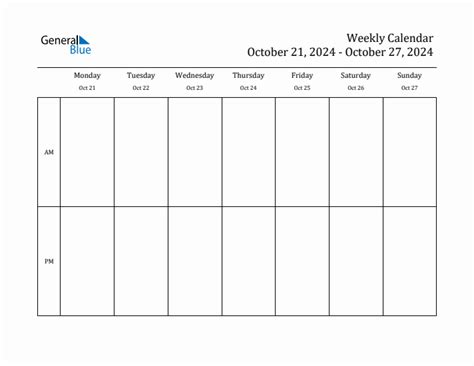 Weekly Calendar With Monday Start For Week 43 October 21 2024 To