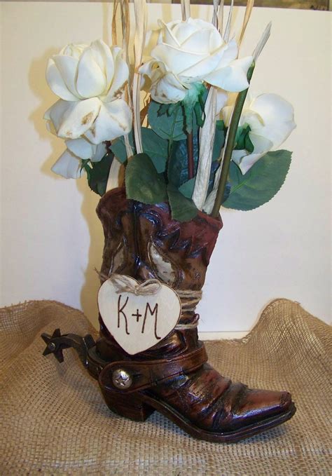 Rustic Wedding Centerpiece Cowboy Boot Flower Vase With Wooden