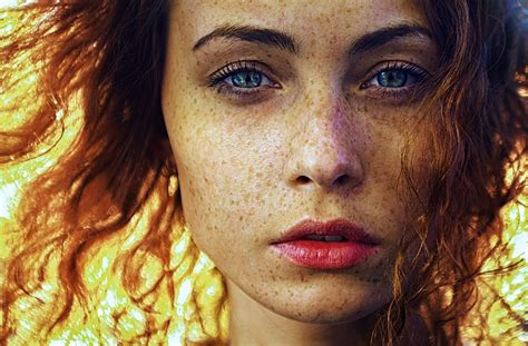 Face Women Model Portrait Blue Eyes Red Freckles Hair Mouth