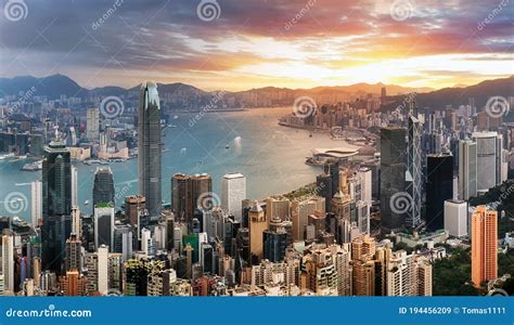 Hong Kong Panorama Dramatic Sunrise From Victoria Peak Editorial