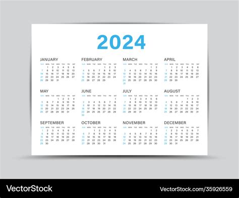 Calendar 2024 Template 12 Months Yearly Vector Image