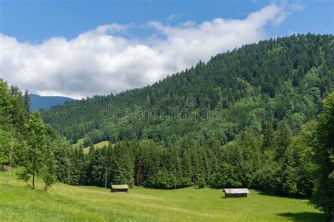 Traditional Wooden Barns On A Meadow In The Bavarian Alps Stock Photo