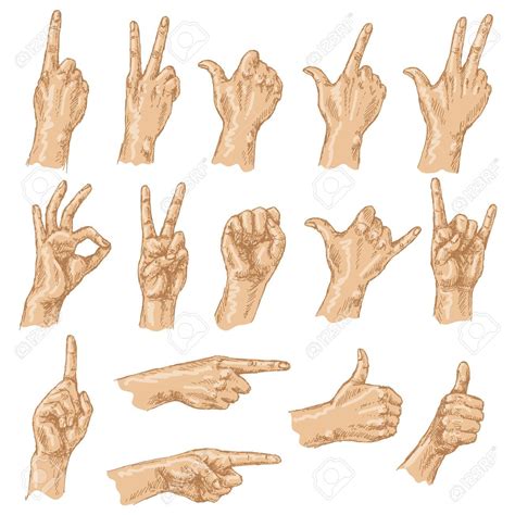 Colored Sketch Of Hand Gestures Set Of The Different Positions Of The Hands Count Gestures