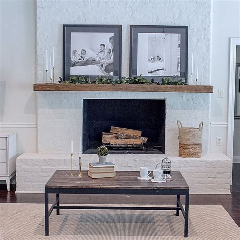 White Brick Fireplace Wood Mantel Contemporary Living Room