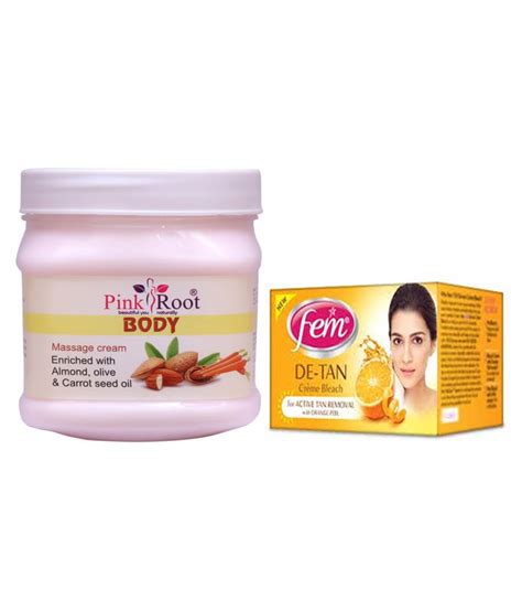 Pink Root Body Massage Cream 500gm With Fem De Tan Bleach Day Cream 50