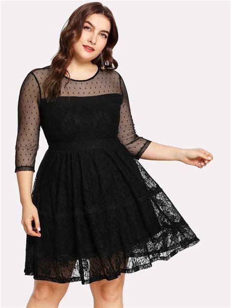 Dot Mesh Shoulder Lace Overlay Fit And Flare Dress Sheinsheinside Plus